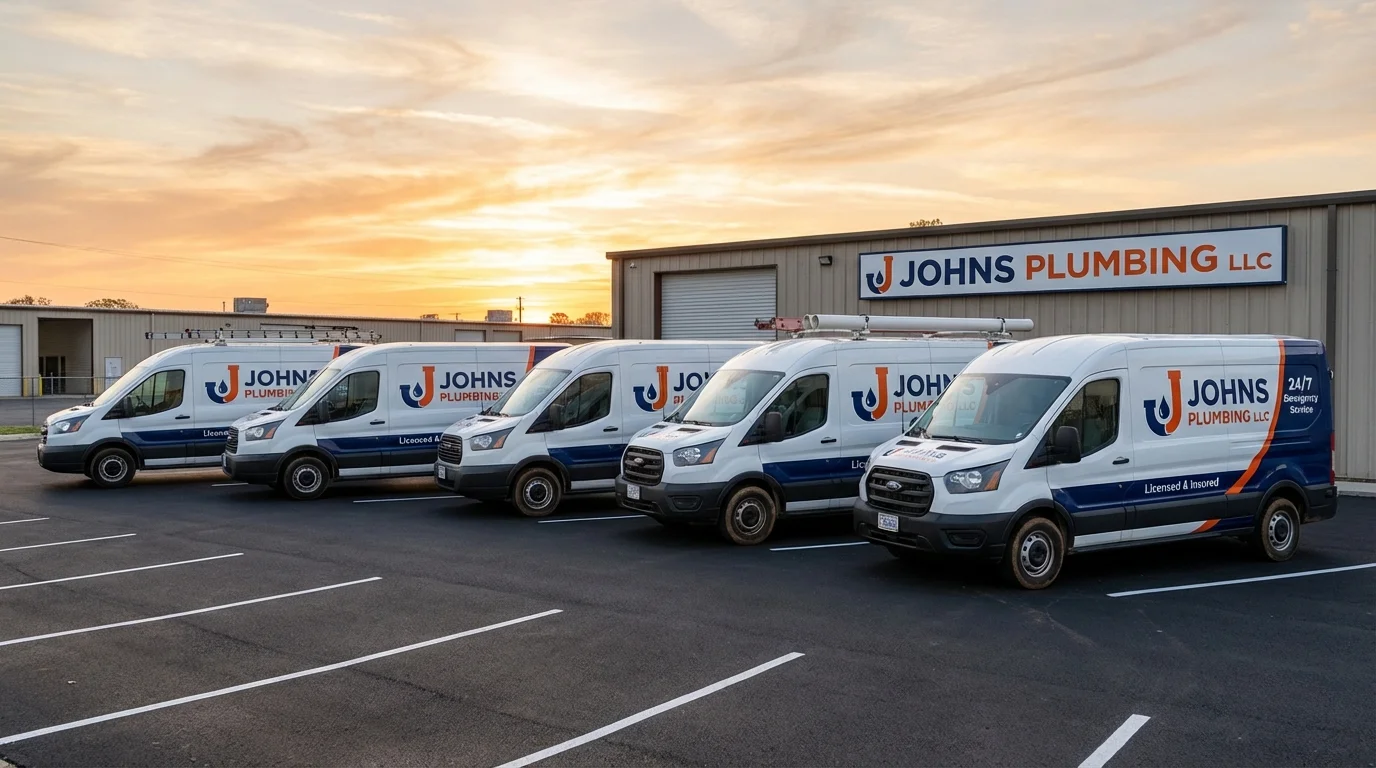 Johns Plumbing LLC fleet of service vans ready for dispatch across North Dakota
